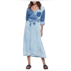 Wash Lab Crossover Faux Wrap Denim Midi Dress